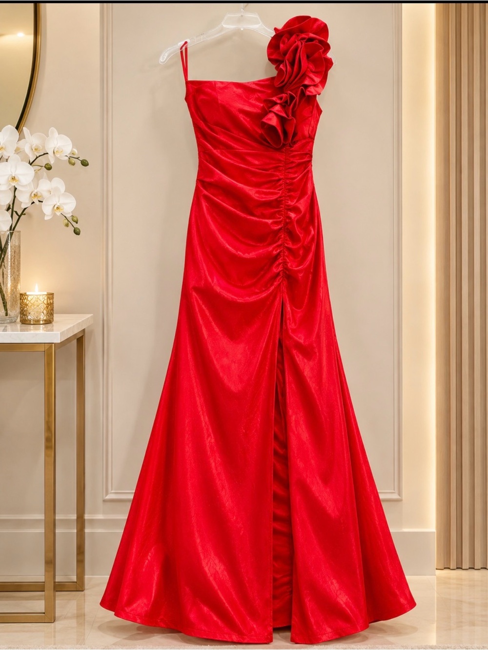 Emerald Sundae Red One-Shoulder Evening Gown with Floral Accent